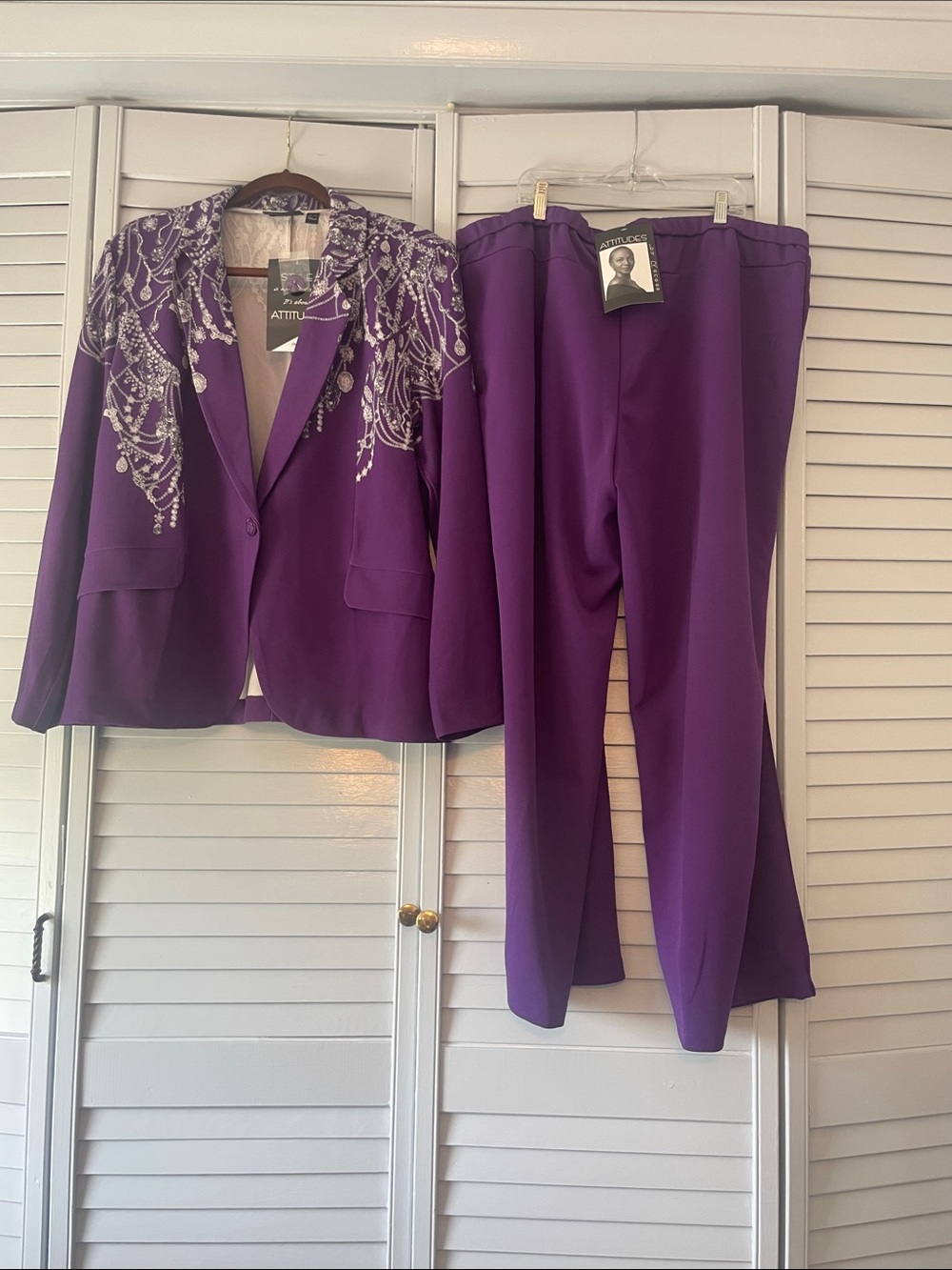 Attitudes by Renee Purple Embellished Blazer & Straight-Leg Pants
